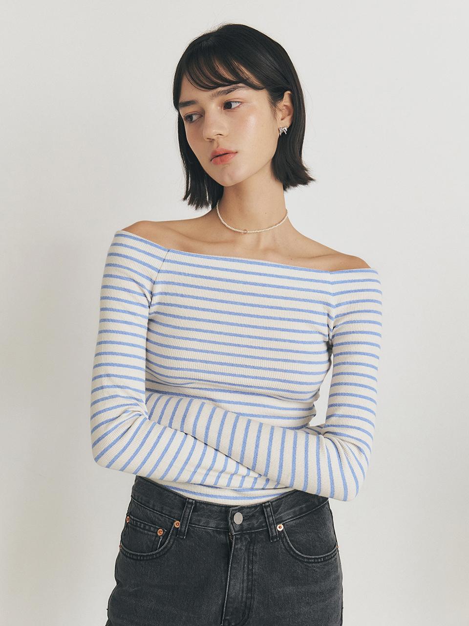 MANNON MANNON Off-shoulder Stripe T-shirt_Blue Stripe