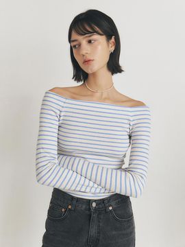 MANNON MANNON Off-shoulder Stripe T-shirt_Blue Stripe