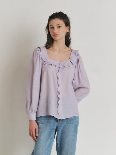 MANNON PEONY Square Neck Ruffle Collar Blouse_Lavender