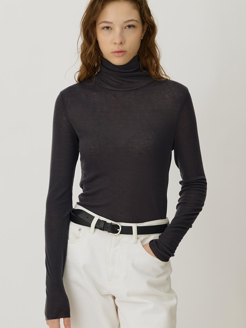 MANNON Sheer Wool Turtleneck T-shirt [Charcoal Grey]