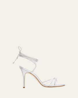 Manolo Blahnik 105mm Leva Metallic Leather Ankle-Tie Sandals