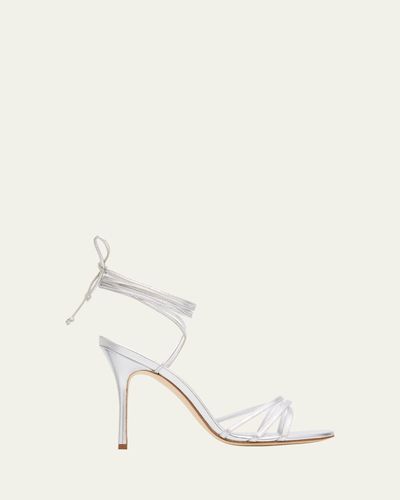 Manolo Blahnik 105mm Leva Metallic Leather Ankle-Tie Sandals