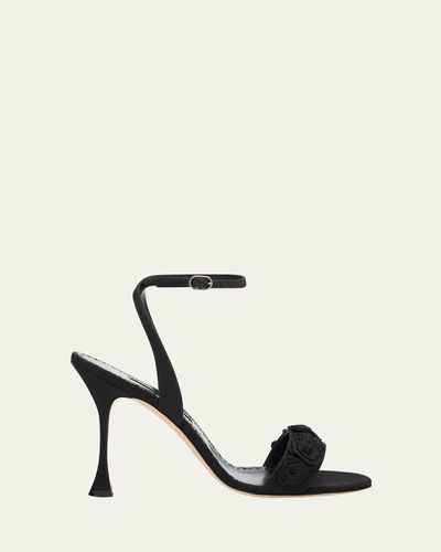 Manolo Blahnik 105mm Raosnu Crochet Flower Ankle-Strap Sandals