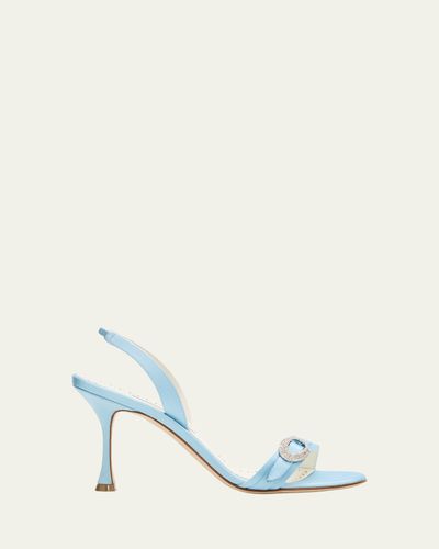 Manolo Blahnik 90mm Zutosan Satin Embellished Buckle Slingback Sandals