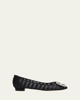 Manolo Blahnik Hangisla Striped Organza Jewel-Buckle Flats