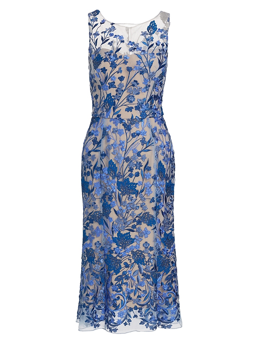 knee length dresses for ladies Illusion Murals Sleeveless Embroidered Tulle Midi Dress