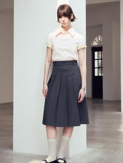 mardmard Preppy Pleated Midi Skirt [Charcoal]