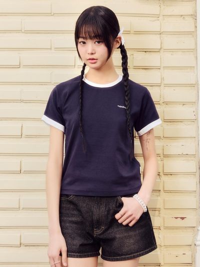 mardmard Rib Ringer Crop T-shirt [Navy]