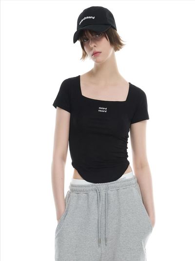 mardmard Square Neck Curved Crop T-shirt [Black]