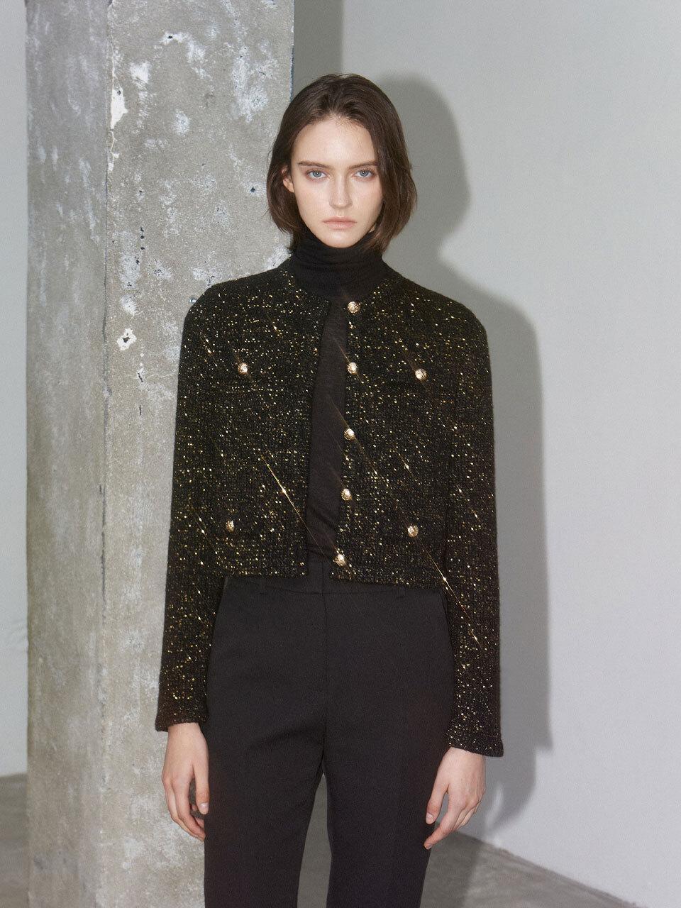 Mare di mari Cropped Glitter Cashmere-Wool Cardigan [Black]