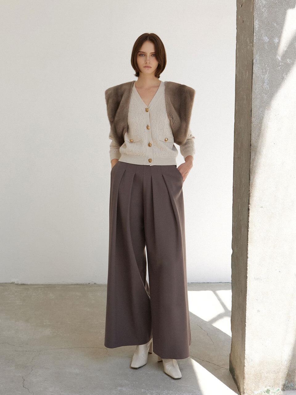 Mare di mari Double Pleated Wide Leg Wool Blend Pants [Brown]