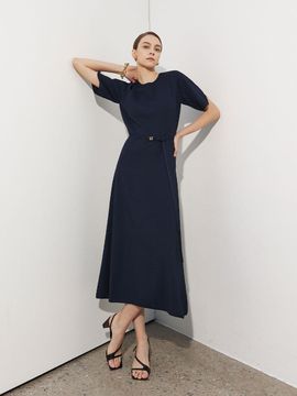 Mare di mari Half Sleeve Round Neck Belted Knit Dress Navy