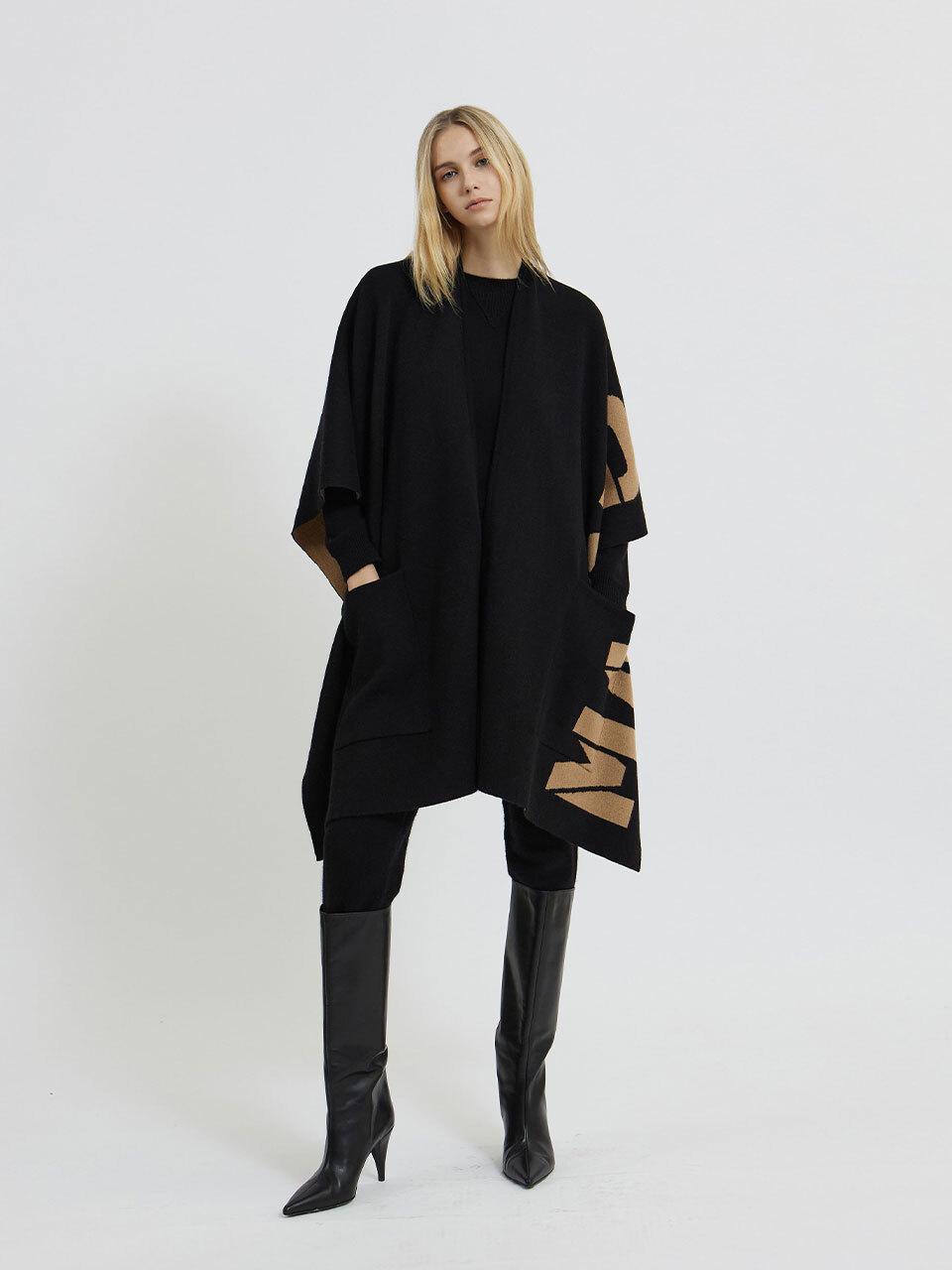 Mare di mari Lettering Double-Knit Italian Cashmere Blend Cape [Black/Camel]