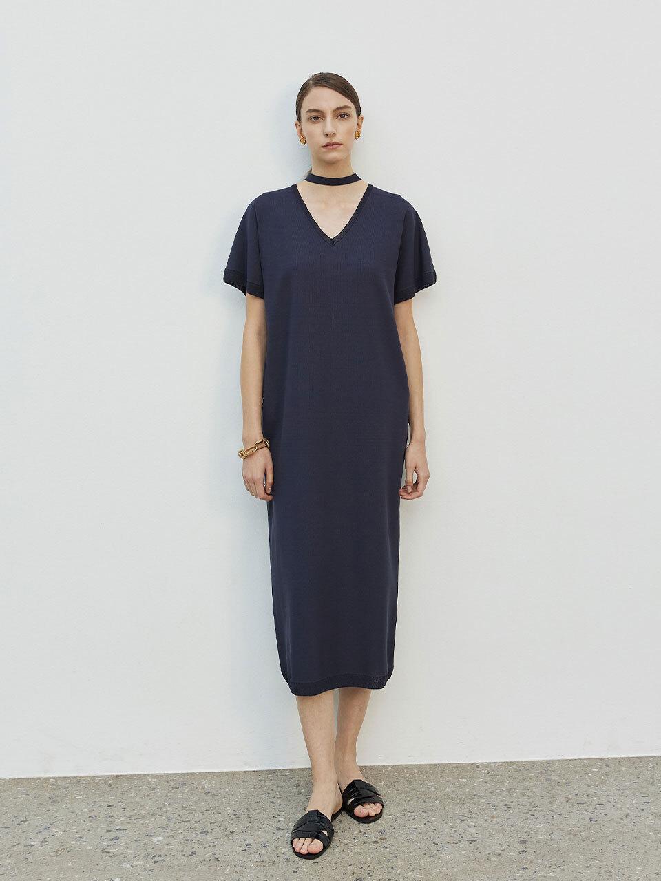 Mare di mari String Point V Neck Long Dress Navy