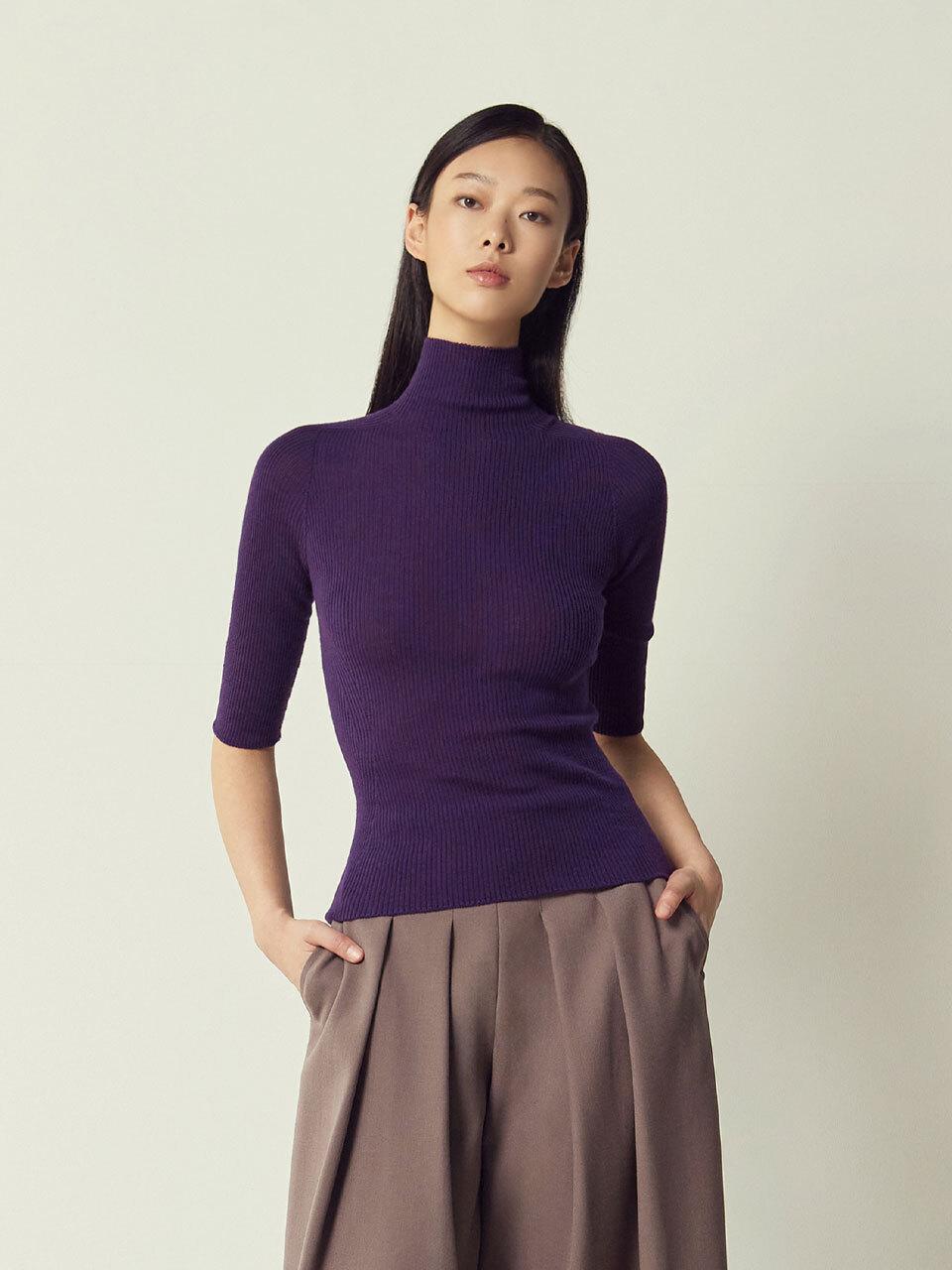 Mare di mari Wholegarment Mock-neck Half Sleeve Knit Top [Violet]
