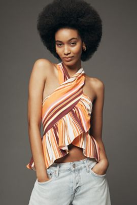 Mare Mare Ruffle Cross-Neck Halter Tank Top