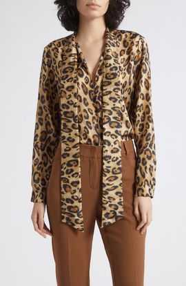 MARELLA MARELLA Leopard Printed Silk Tie Neck Shirt