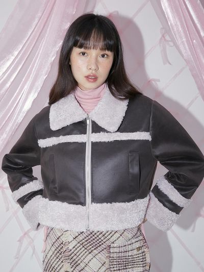 margarin fingers Fluffy Cropped Mustang Jacket - Dark Brown