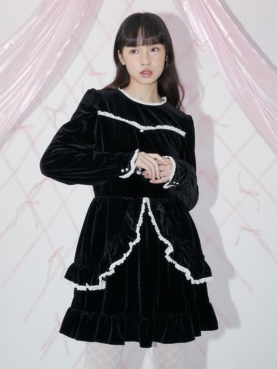 margarin fingers Frill Velvet Dress - Black