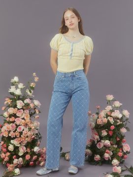 margarin fingers Heart Argyle Denim Pants - Light Blue