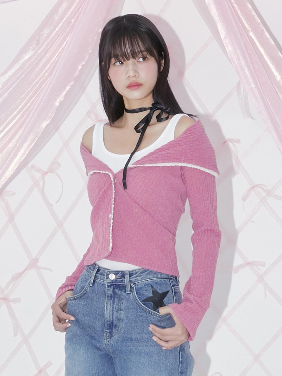 margarin fingers Lace Off Shoulder Cardigan - Pink