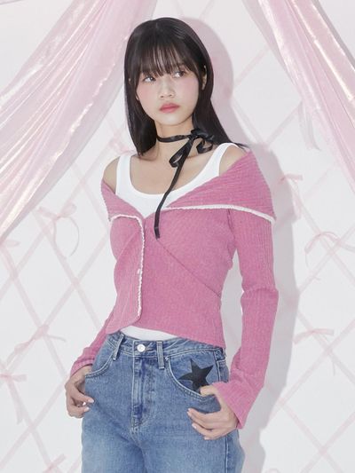 margarin fingers Lace Off Shoulder Cardigan - Pink