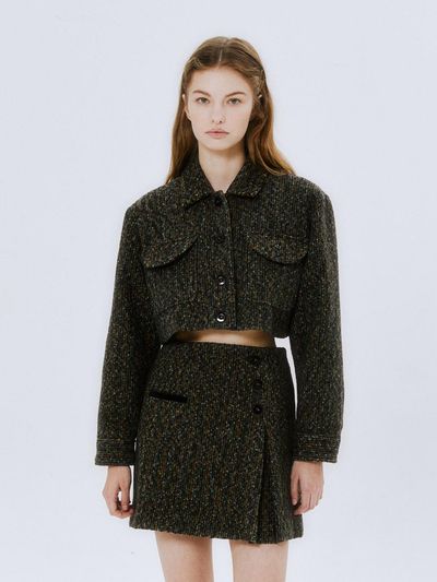 margarin fingers Tweed Button Cropped Jacket - Khaki Grey