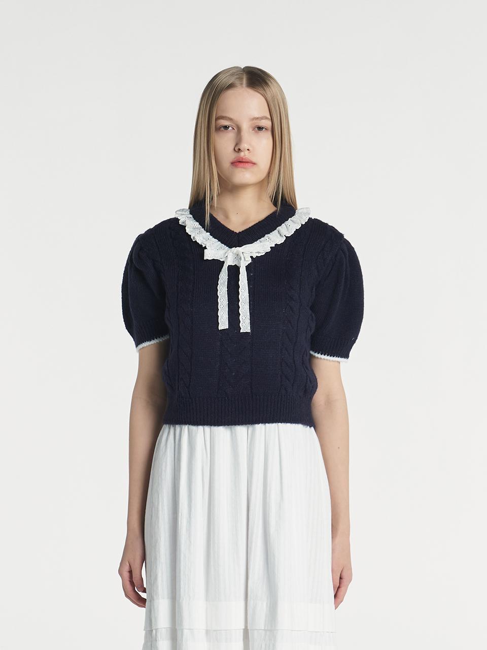 margarin fingers V-neck Frill Cropped Knit - Navy