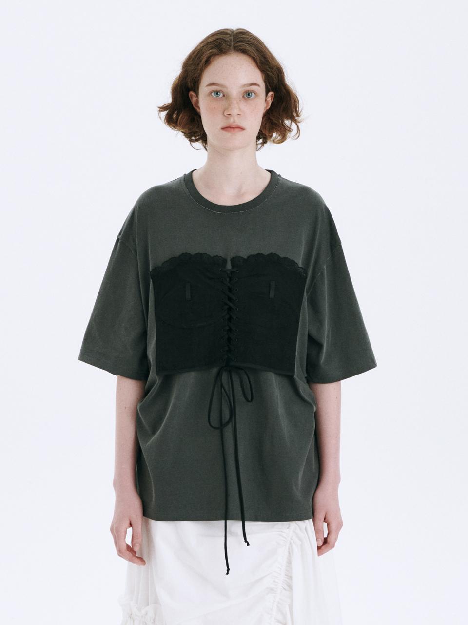 MARGESHERWOOD Lace Up Bustier T-shirt_Dark Grey