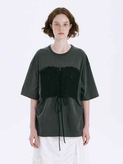 MARGESHERWOOD Lace Up Bustier T-shirt_Dark Grey