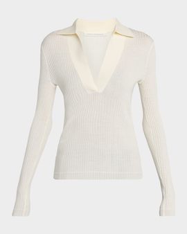MARIA MCMANUS Long-Sleeve Ribbed Merino Wool Polo