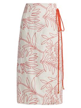 Marie Oliver Women's Sandra Embroidered Linen Wrap Midi-Skirt