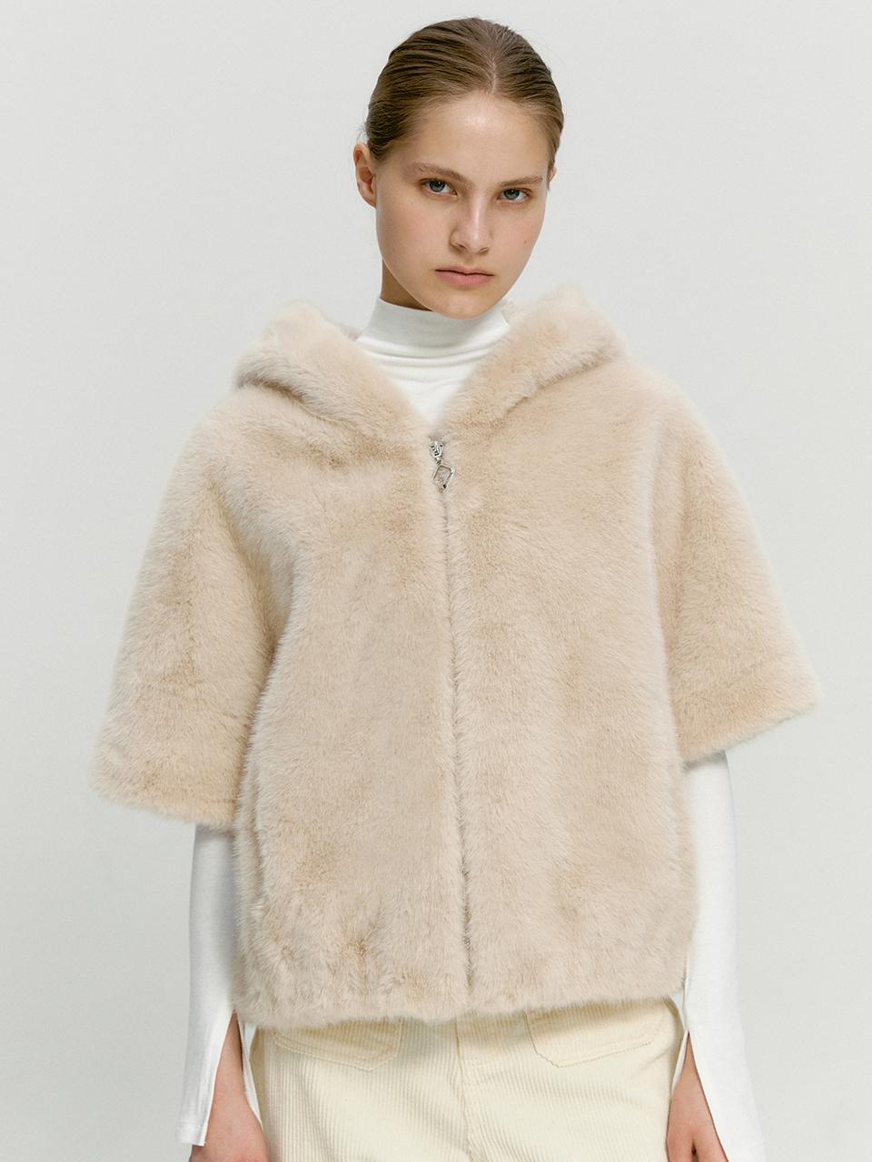 marieclaire Drop Sleeve Hooded Luxurious Fur Vest [Beige] (MAEDVT07MBE)