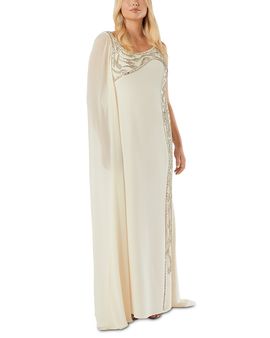 Marina Rinaldi Marina Rinaldi Embroidered Beaded One Shoulder Cape Dress