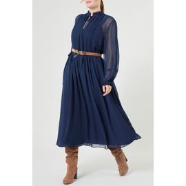 Marina Rinaldi Marina Rinaldi Long Sleeve Pintuck Pleat Silk Georgette Dress