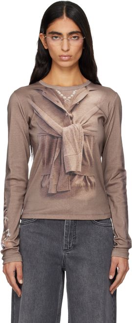Marine Serre Marine Serre Beige Trompe-L'Oeil Knit Jersey LS T-shirt