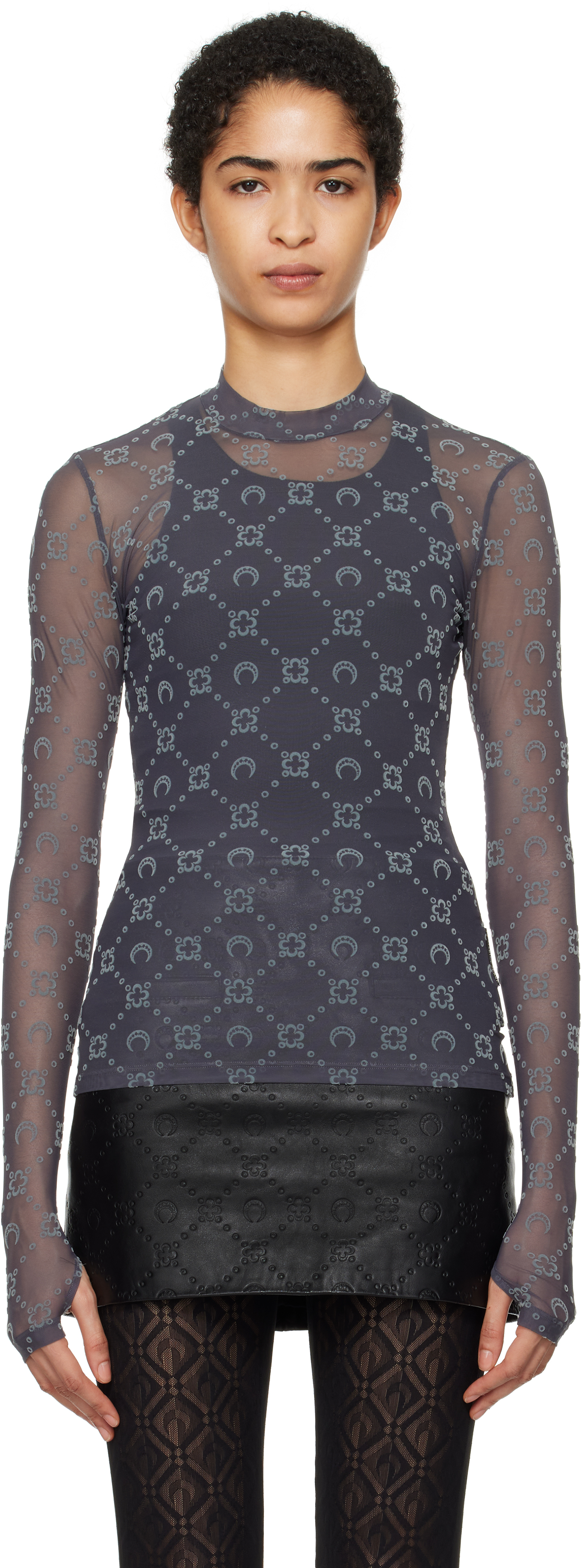 【MARINE SERRE】Second skin highneck top Marine Serre - Gray Monogram Mesh Second Skin Highneck Top