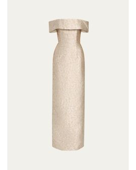 Markarian Clover Metallic Floral Jacquard Off-The-Shoulder Column Gown