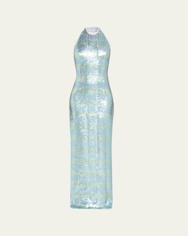 Markarian Nerine Gingham Sequined Halter Column Gown