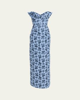 Markarian Rita Strapless Pleated Ruffle Bouquet Jacquard Column Gown