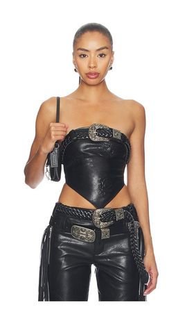 Markgong Markgong Faux Leather Floral Imprinted Tube Top With Detachable Belt