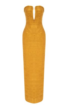 slim fit dress slacks Strapless draped taffeta gown with side tail  MARMAR HALIM FASHION DESIGN  LLC