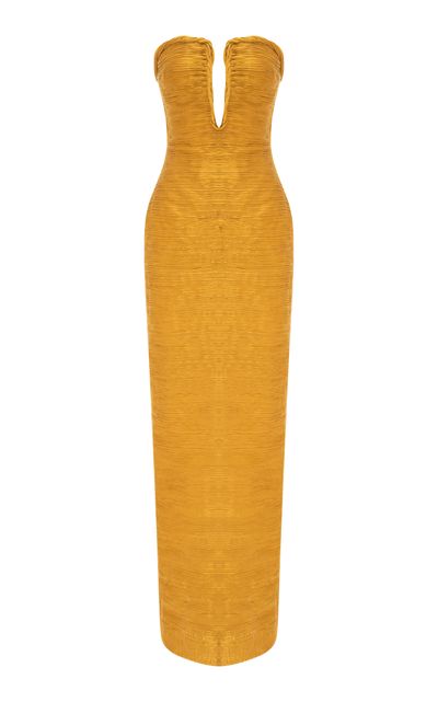 Marmar Halim Marmar Halim Strapless Plissé Column Gown with Cape