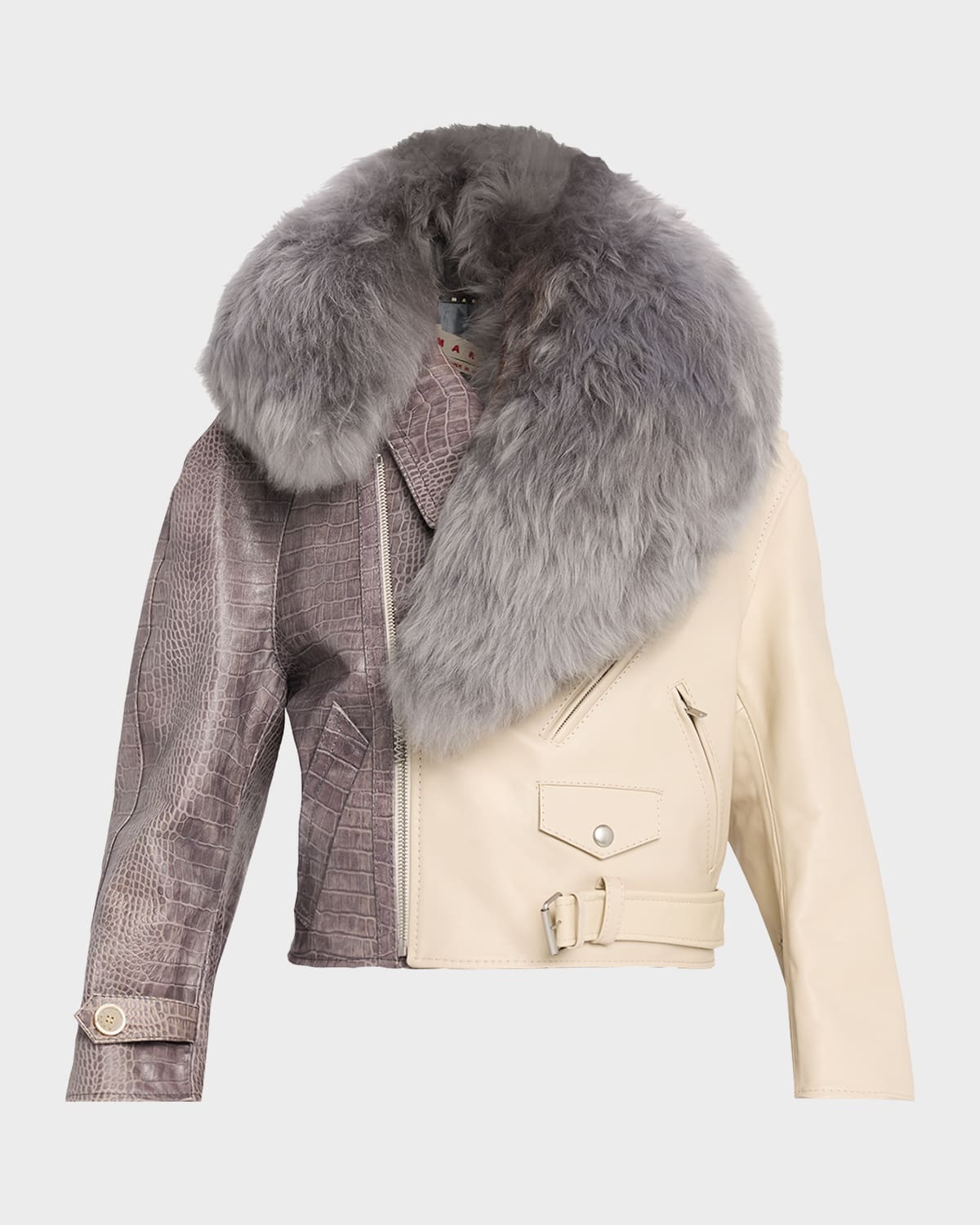 Marni Croco-Embossed Leather Moto Jacket With Lamb Shearling Collar