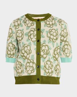 Marni Floral Short-Sleeve Crewneck Cardigan