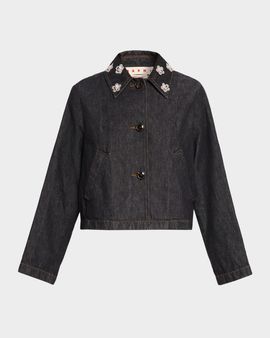 Marni Flower Embroidered Crop Denim Jacket