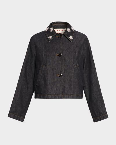 Marni Flower Embroidered Crop Denim Jacket