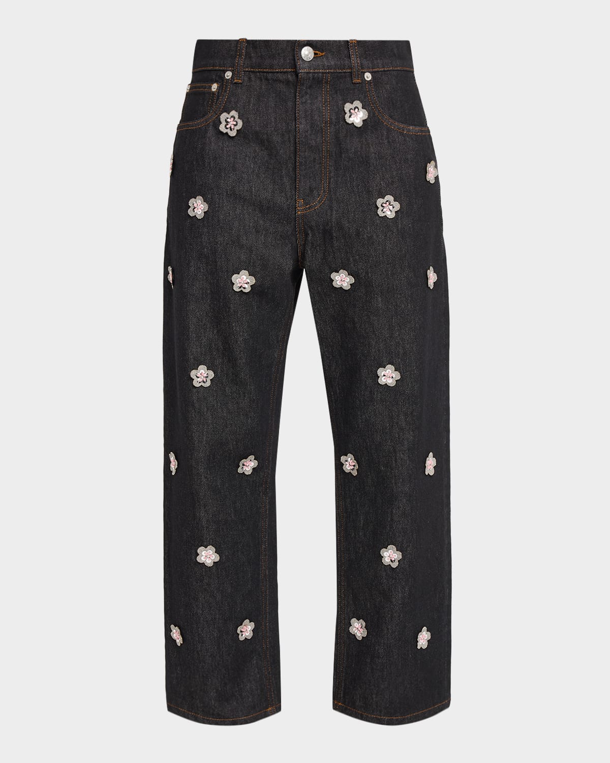 Marni Flower Embroidered Denim Relaxed-Leg Ankle Carrot Trousers