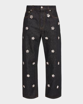 Marni Flower Embroidered Denim Relaxed-Leg Ankle Carrot Trousers
