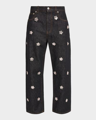 Marni Flower Embroidered Denim Relaxed-Leg Ankle Carrot Trousers